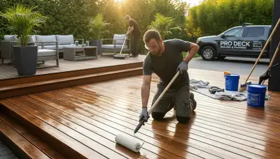 Deck sealing service in Tulsa, OK by Tulsa Paint Pros protecting a wood deck from moisture and sun damage