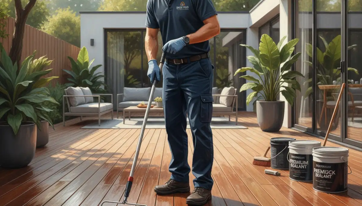 Tulsa Paint Pros sealing a wood deck in Tulsa, OK to protect against sun and moisture damage
