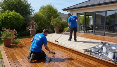 Tulsa Paint Pros staining a wooden deck in Tulsa, OK for durable weather protection